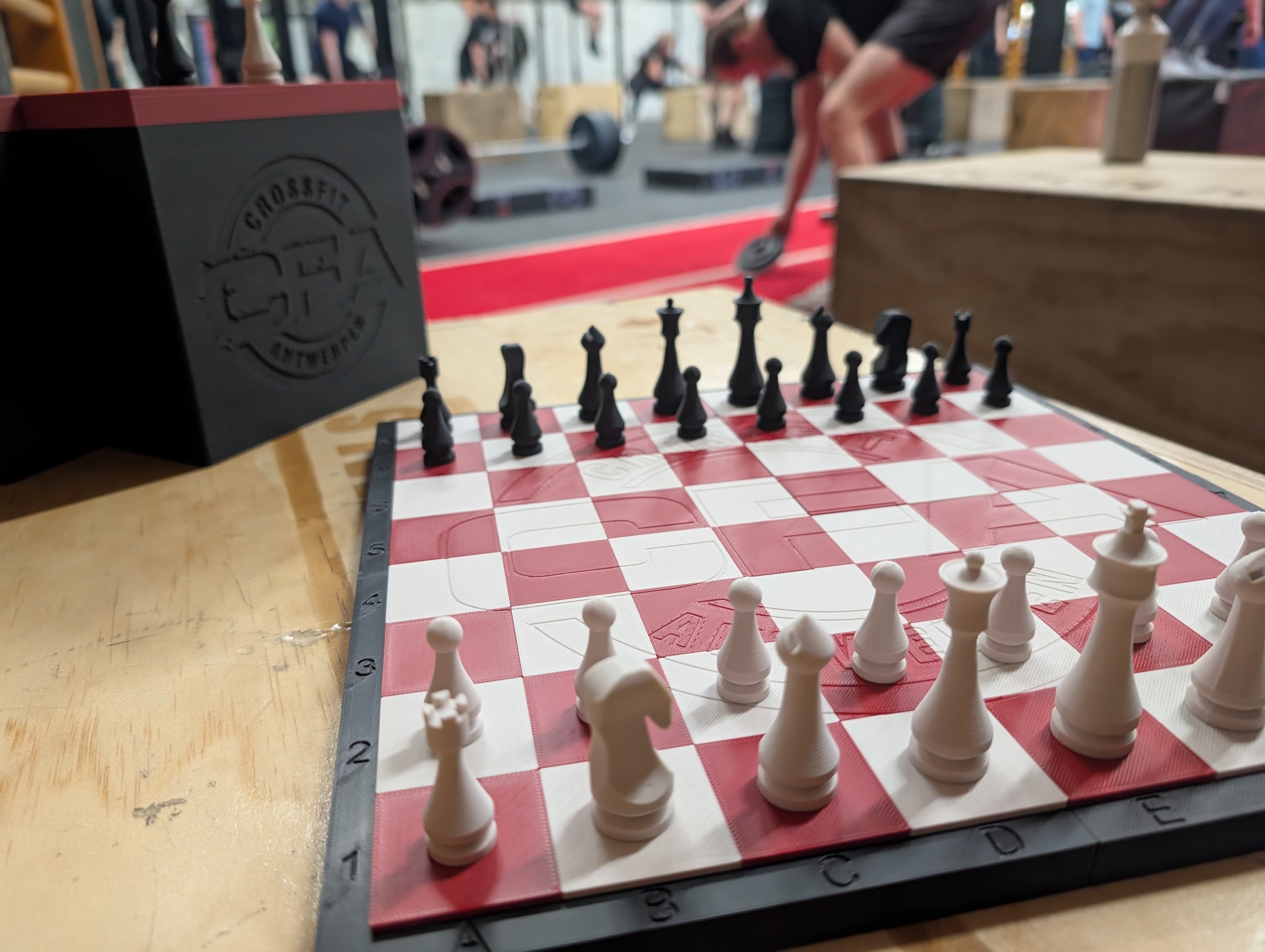 Detail of the Crossfit Antwerpen custom chess set