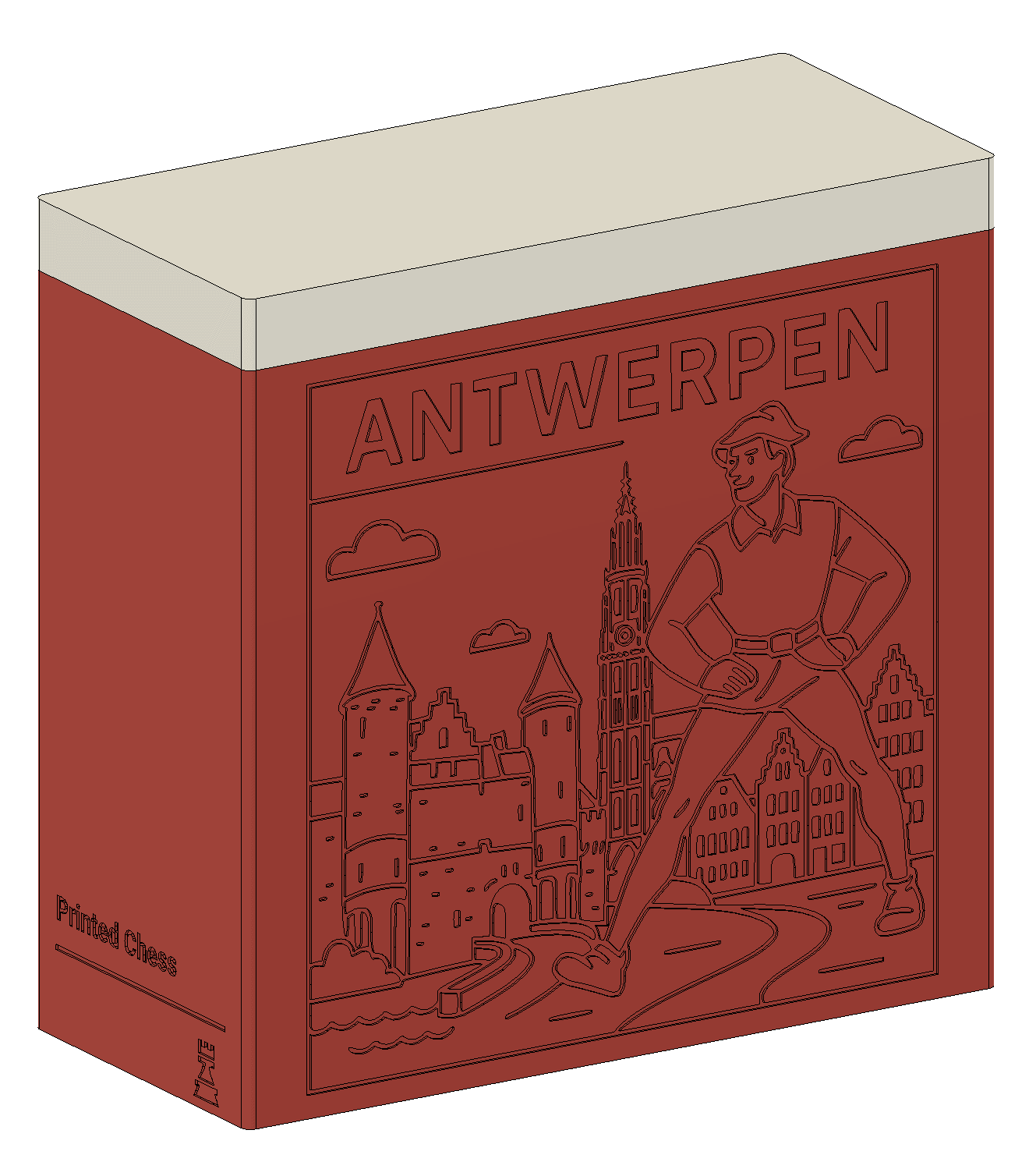Rendered box side showing custom Antwerpen engraving